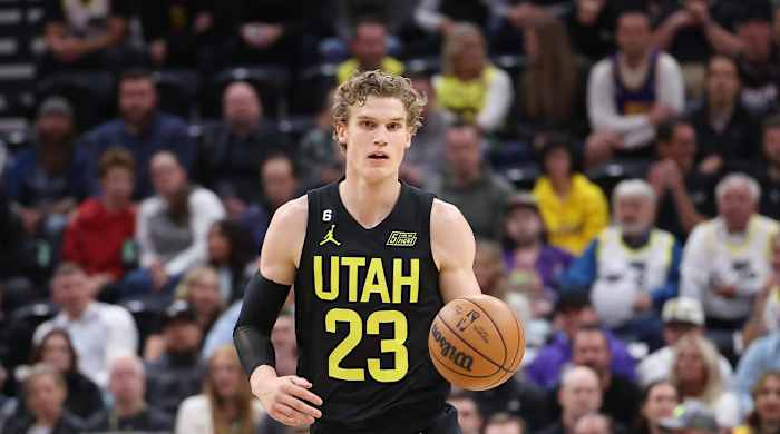 Nov 7, 2022; Salt Lake City, Utah, USA; Utah Jazz forward Lauri Markkanen (23) brings the ball up the court in the first half against the Los Angeles Lakers at Vivint Arena.
